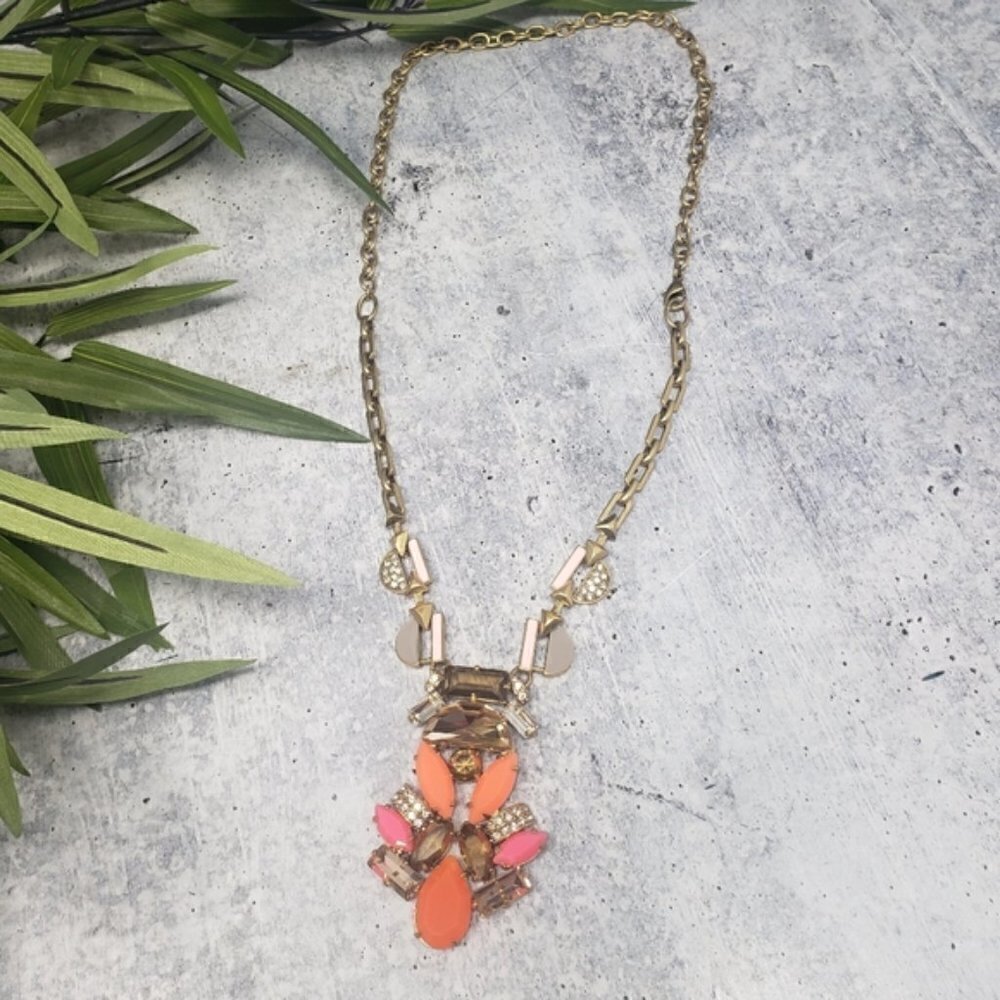 Stella & Dot Pop Geo Statement Pendant Necklace Gold Pink Orange Amber 28" Long